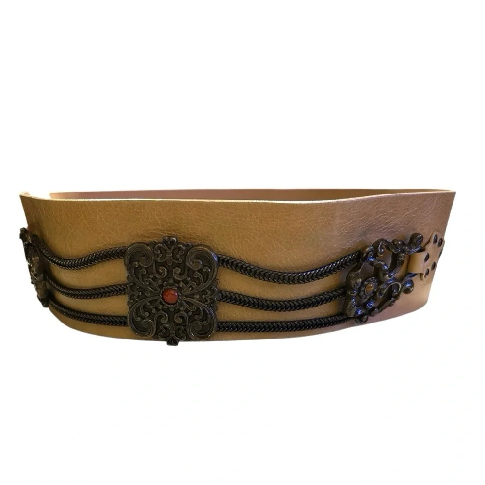 Renza Women’s Wide Leather Belt w/Baroque Medallions Stones Chain Boho Size L